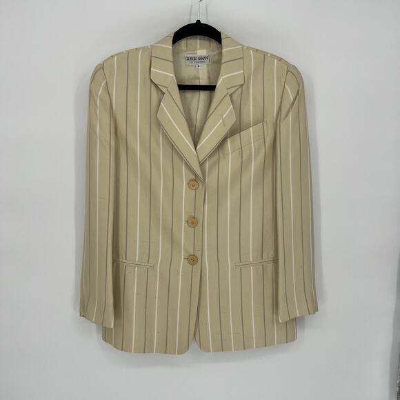 Vintage Giorgio Armani Pinstripe Blazer Butter Yellow Made In Italy 80s 90s W L - Picture 1 of 7